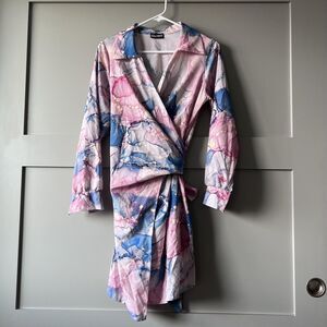 Malabay Dress Women Medium Pink Blue Abstract Long Sleeve Wrap Tie Made In Italy